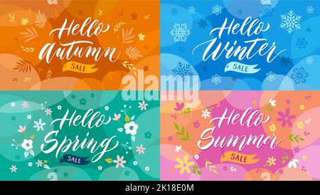 Banner zum Saisonverkauf. Herbst Promo, Hallo Winter Label, Frühling Schriftzug und Sommer Verkauf Tag Vektor-Set Stock Vektor