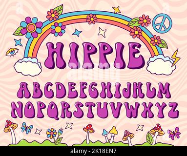 Stilisierte Hippie-Schrift. Grooviges Alphabet, siebziger Jahre Buchstaben für nostatgische Schriftzüge. Retro-Vektorschriftart Stock Vektor