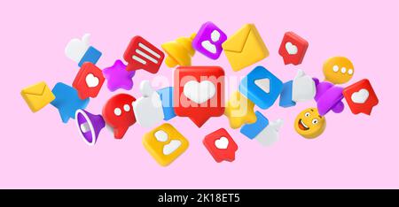 Social Media 3D Konzept. Daumen hoch, herzähnlich und lächeln Emoji. Favoriten Stern, Kommentar und Benachrichtigung Glocke Symbole Vektor-Illustration Stock Vektor