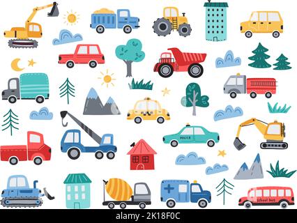 Niedliche Autos. Baufahrzeuge und Stadtverkehr. Handgezeichneter einfacher Traktor, minimaler Bagger und lustige Hubkran Cartoon Vektorgrafik Stock Vektor