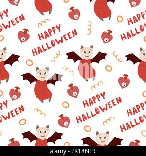 Nahtloses Muster für Halloween-Urlaub mit niedlichen Cartoon handgezeichneten Charakter Fledermaus Mädchen und fröhliche halloween-Schriftzug. Kindlicher Hintergrund für Stoff, Stock Vektor