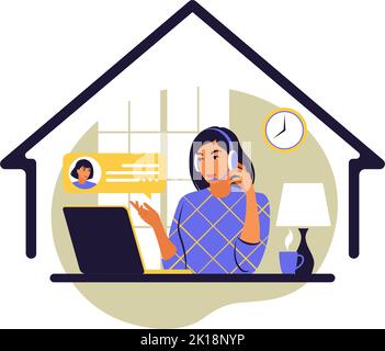 Home Office-Konzept. Frau, die von zu Hause aus mit einem Laptop arbeitet. Freiberuflich, Online-Bildung, Studium oder Social-Media-Konzept. Vektorgrafik. Flach. Stock Vektor