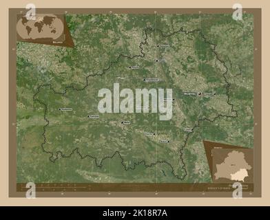 Homyel', Region Weißrussland. Satellitenkarte mit niedriger Auflösung. Orte und Namen der wichtigsten Städte der Region. Karten für zusätzliche Eckposition Stockfoto