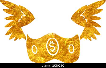 Handgezeichnetes Symbol für grüne fliegende Dollarnote in Goldfolie-Textur-Vektor-Illustration Stock Vektor