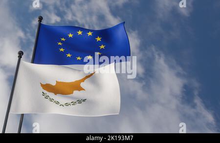 Flaggen der Europäischen Union und Zyperns, blauer Himmel und Flagge EU vs Flagge Zypern, Flaggen Europa Zypern, 3D Work und 3D Image Stockfoto