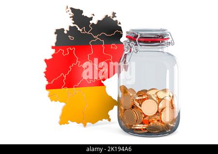 Deutsche Karte mit Glasgefäß voller goldener Münzen, 3D Rendering isoliert auf weißem Hintergrund Stockfoto