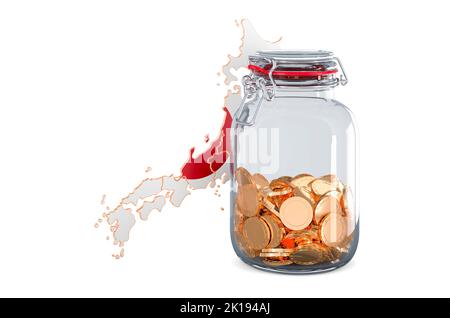 Japanische Karte mit Glasglas voller goldener Münzen, 3D Rendering isoliert auf weißem Hintergrund Stockfoto