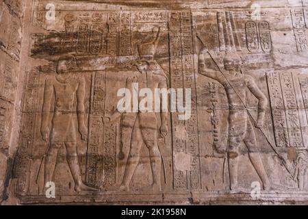 Bild einer altägyptischen Zeichnung an den Wänden des Tempels von Edfu, Ägypten Stockfoto