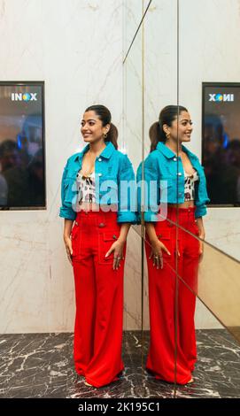 Neu-Delhi, Indien. 16. September 2022. Die indische Schauspielerin Rashmika Mandanna nimmt an einer Pressekonferenz zum kommenden Film „Auf Wiedersehen“ im Nehru Place, Neu-Delhi, Teil. Kredit: SOPA Images Limited/Alamy Live Nachrichten Stockfoto