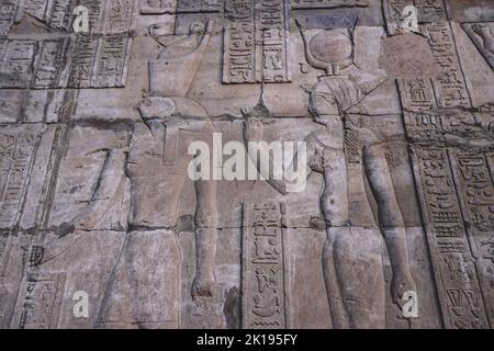 Bild einer altägyptischen Zeichnung an den Wänden des Tempels von Edfu, Ägypten Stockfoto