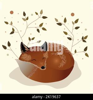 Niedlicher schlafender Fuchs. Vektor Herbst Zeichen isoliert auf weißem Hintergrund. Herbstsaison Waldtier Symbol für Druck, Aufkleber, Postkarte. Lustiger Wald i Stockfoto