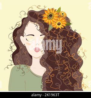 Lockiges Mädchen mit Sonnenblumen im Haar. Grünes Sweatshirt. Hellgelb zarten Hintergrund. Sommer-Illustration in frischen und sonnigen Farben Stockfoto