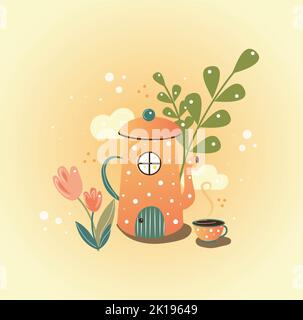 Orange Teekannen in Form eines Hauses und einer Tasse. Blumenbeet mit Blumen und grünen Büschen. Wolken im Hintergrund. Märchen und magische Illustration Stockfoto