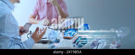 Mann Patient mit Rücksprache mit Arzt Gynäkologen oder Psychiater und Untersuchung der Gesundheit in der medizinischen gynäkologischen Klinik oder Krankenhaus psychische Gesundheit Stockfoto