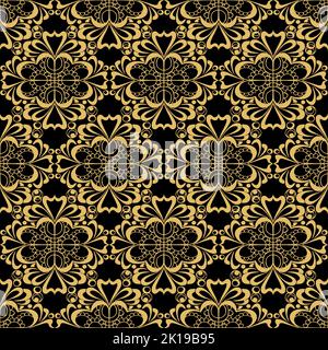 Nahtlose Grafik abstraktes Fliesenmuster, goldenes geometrisches Ornament auf schwarzem Hintergrund, Textur, Design Stockfoto