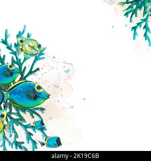 Tropische Fische sind unterschiedlich, hell mit Korallen, einem Fleck und Farbspritzern. Aquarelldarstellung. Komposition für die Gestaltung und Dekoration von Stockfoto