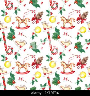 Nahtloses Muster mit Weihnachtsspielzeugen auf weißem Hintergrund.perfekt für Design, Textilien, Tapete, Scrapbooking. Stockfoto