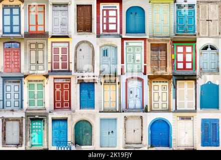 Collage von Türen in verschiedenen Farben, blau, rot, grün, gelb, Beige, braun. Spaß positive Tapete Hintergrund. Speicherplatz kopieren. Stockfoto