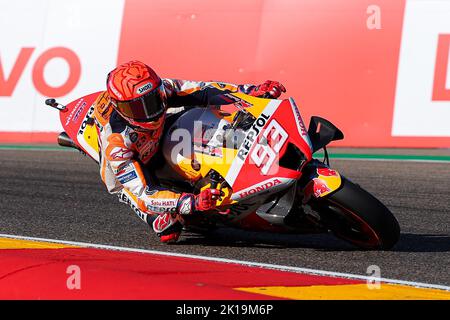 Aragon, Spanien. 16. September 2022. Marc Marquez aus Spanien von Repsol Honda Team mit Honda während des freien Trainings des MotoGP Gran Premio Animoca Brands de Aragon auf dem Motorland Aragon Circuit in Alcaniz, Spanien. Bild: DAX Images/Alamy Live News Stockfoto