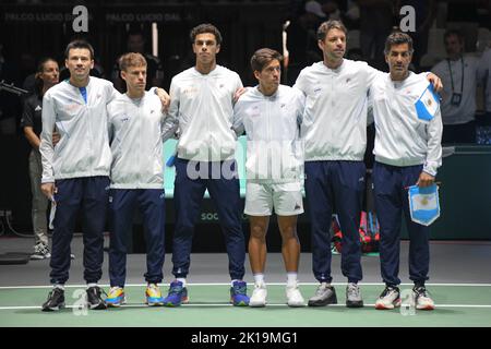 Argentiniens Nationales Tennistenteam: Guillermo Coria (Mannschaftskapitän), Diego Schwartzman, Francisco Cerúndolo, Sebastián Báez, Horacio Zeballos, Maximo González. Davis-Cup-Finale, Gruppe A (Bologna) Stockfoto