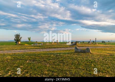 Tripoint von Ungarn, Österreich und Slowakisch. Trojmedzie SK und HU und AT. Grenze von drei Ländern im Schengen-Raum Europas. Stockfoto