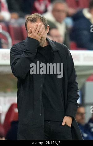 Mainz, Deutschland. 16. September 2022. Fußball: Bundesliga, FSV Mainz 05 - Hertha BSC, Matchday 7, Mewa Arena. Mainzer Trainer Bo Svensson reagiert. Kredit: Thomas Frey/dpa - WICHTIGER HINWEIS: Gemäß den Anforderungen der DFL Deutsche Fußball Liga und des DFB Deutscher Fußball-Bund ist es untersagt, im Stadion und/oder vom Spiel aufgenommene Fotos in Form von Sequenzbildern und/oder videoähnlichen Fotoserien zu verwenden oder zu verwenden./dpa/Alamy Live News Stockfoto