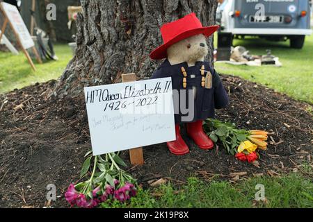 Goodwood, West Sussex, Großbritannien. 16.. September 2022. Paddington Bear Denkmal für Königin Elizabeth II. Beim Goodwood Revival in Goodwood, West Sussex, Großbritannien. © Malcolm Greig/Alamy Live News Stockfoto