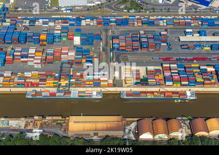 Luftbild, logport I, Containerhafen, D3T Duisburg trimodal Terminal, Friemersheim, Duisburg, Ruhrgebiet, Nordrhein-Westfalen, Deutschland, Container, Stockfoto