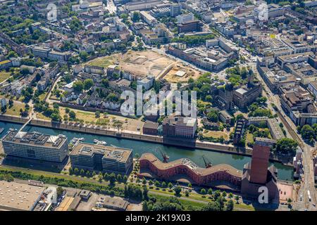 Luftaufnahme, Baustelle für neues Mercatorviertel Duisburg, Gutenbergstraße, Binnenhafen, Altstadt, Duisburg, Ruhrgebiet, Nordrhein-Westfalen Stockfoto