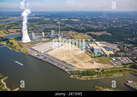 Luftaufnahme, dampfendes STEAG-Kraftwerk Walsum und Logport VI, Baustelle mit Neubau-Logistikunternehmen DSV Halle, Alt-Walsum, Duisburg, Stockfoto