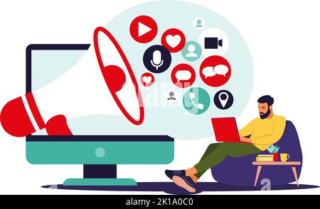 Social-Media-Marketing-Konzept. Mann, der soziale Netzwerke nutzt. SMM-Management. Online-Werbung. Vektorgrafik. Flach Stock Vektor