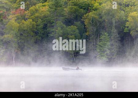 Junger Mann auf Bootstour auf dem Lower Clam Lake im Norden von Wisconsin. Stockfoto
