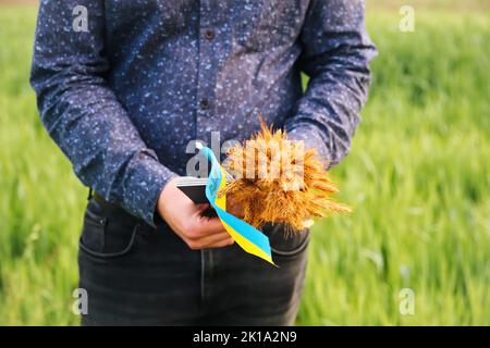 Unschärfe jungen Mann mit ukrainischen Pass, Flagge und Weizenspikes von Weizen gebunden und Flagge auf der Wiese Natur Hintergrund. Flagge Ukraine. Freiheit. Ukr Stockfoto