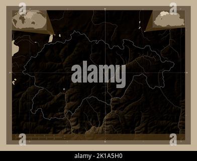Gasa, Distrikt von Bhutan. Höhenkarte in Sepia-Tönen mit Seen und Flüssen. Karten für zusätzliche Eckposition Stockfoto