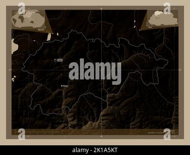 Gasa, Distrikt von Bhutan. Höhenkarte in Sepia-Tönen mit Seen und Flüssen. Orte und Namen der wichtigsten Städte der Region. Ecke auxili Stockfoto