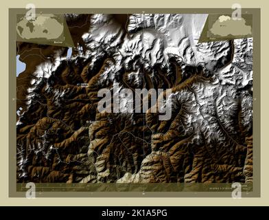 Gasa, Distrikt von Bhutan. Höhenkarte im Wiki-Stil mit Seen und Flüssen. Orte und Namen der wichtigsten Städte der Region. Eckhilfsstoffe Stockfoto