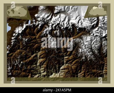 Gasa, Distrikt von Bhutan. Höhenkarte im Wiki-Stil mit Seen und Flüssen. Karten für zusätzliche Eckposition Stockfoto