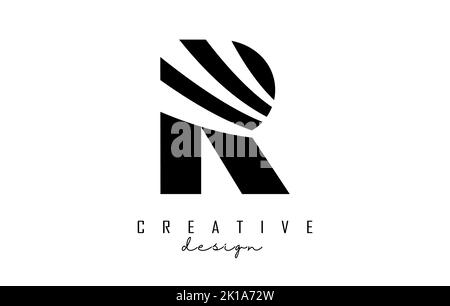 Schwarzes R-Logo mit führenden Linien und negativem Raumanzug. Brief mit geometrischen und kreativen Schnitten Design. Vektorgrafik mit Buchstabe. Stock Vektor