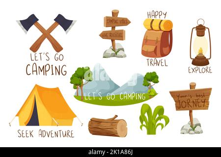 Set Camping Reise, Waldzelt Ausrüstung Aufkleber mit Text in Cartoon-Stil isoliert auf weißem Hintergrund. Aktivität, Outdoor tragbares Haus. Vektorgrafik Stock Vektor