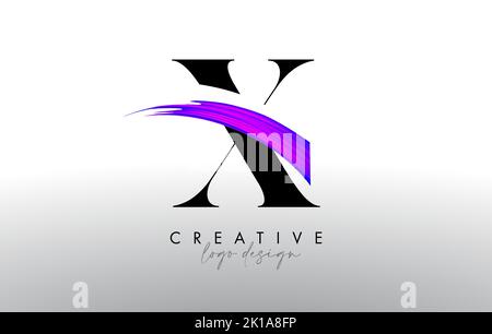 Pinsel Buchstabe X Logo Design mit Creative künstlerische malen Pinsel-Konturierung und modernen Look Vektor. X-Buchstaben-Icon-Design mit Serifenschrift und violettem Pinsel str Stock Vektor