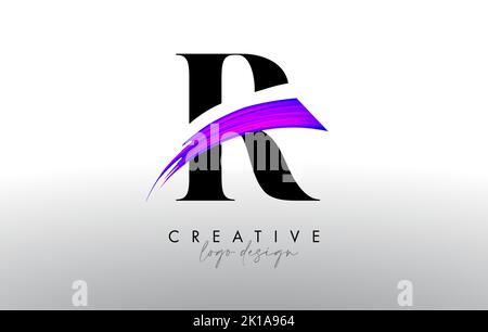 Pinsel Buchstabe R Logo-Design mit kreativen künstlerischen Malpinsel Pinselstrich und modernen Look Vektor. R-Buchstabensymbol-Design mit Serifenschrift und violettem Pinsel str Stock Vektor