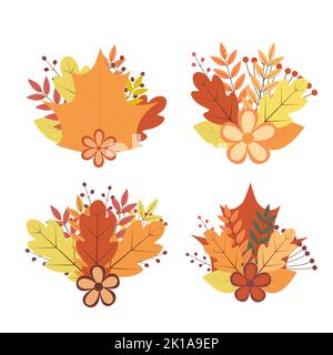 Set von bunten Herbstblättern und Blumen. Fallrunde Rahmen. Dekoration zum Erntedankfest. Vektorelemente für Ihre Designprojekte. Stock Vektor