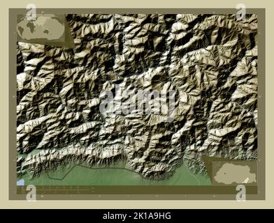 Pemagatshel, Distrikt von Bhutan. Höhenkarte im Wiki-Stil mit Seen und Flüssen. Karten für zusätzliche Eckposition Stockfoto