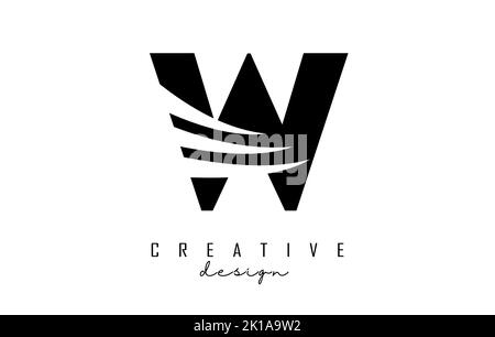 Schwarzes W-Logo mit führenden Linien und negativem Raumanzug. Brief mit geometrischen und kreativen Schnitten Design. Vektorgrafik mit Buchstabe. Stock Vektor