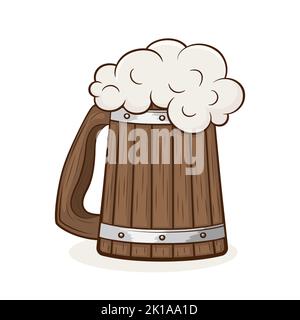 Vektor farbige handgezeichnete hölzerne Bierbecher mit Umriss. Bier trinken Sie mit viel Schaum. Becher Mit Braunem Vintage-Bier Stock Vektor