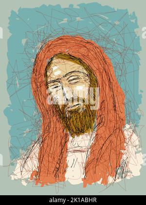 Imaginäres Gesicht von Jesus Christus, katholischer und orthodoxer christlicher Religion, Vektorgrafik. Stock Vektor