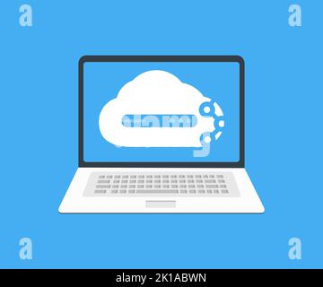 Cloud Big Data ai-Server speichern auf Laptop-Bildschirm Logo-Design. Hosting-Service-Center mit Digital Analytics Software Tech Netzwerk Vektor-Design.