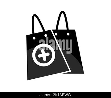 Medizinischer Handschuh mit einem Logo der Papierausgabetasche. Verbandskastentasche, Online-Shopping. Apotheke, Drogeriemarkt Vektor-Design und Illustration. Stock Vektor