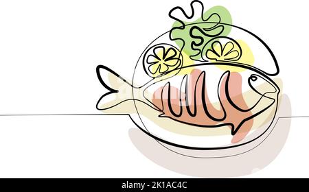 Gegrillter Fisch mit Meeresfrüchten, Zitrone und Salat für das Logo des Café-Shops. Fortlaufende einzeilige Zeichnung. Modernes, einzeilige Design für Poster, Vektorgrafik Stock Vektor