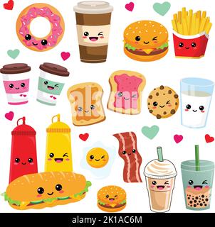 Kawaii-Frühstück. Verschiedene leckere Speisen mit Gesichtern Vektorset mit Cute Anime Cartoon Kaffee, Ei, Hamburger, pommes frites Stock Vektor